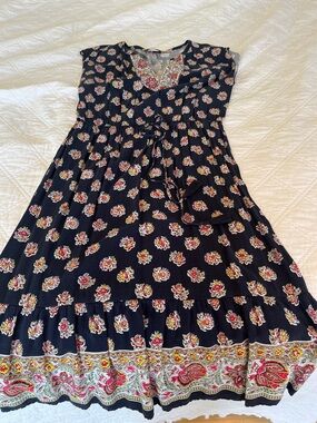 Navy Floral Boho Tie-Waist Midi Dress